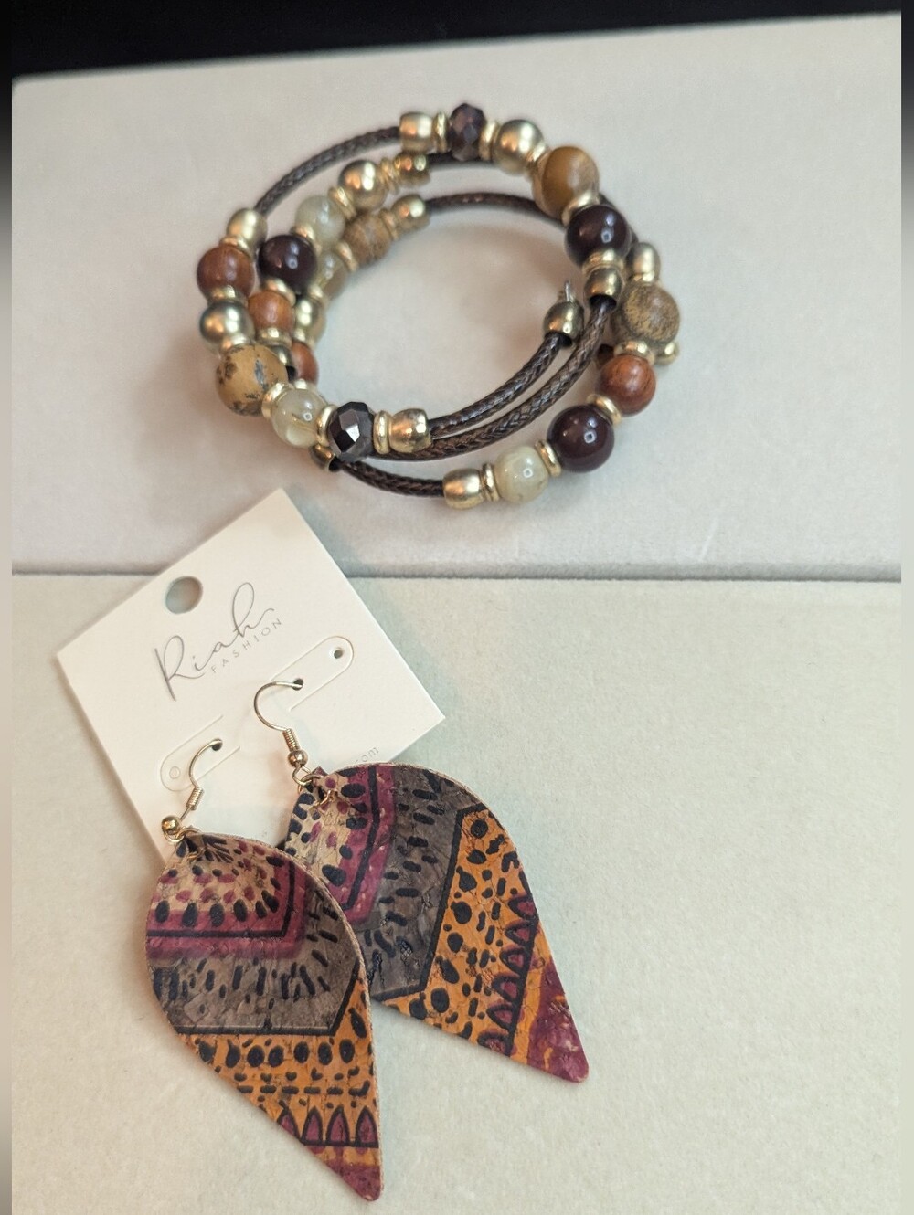 Brown & Gold Beaded Wrap Bracelet and Tribal Leaf Earrings Set